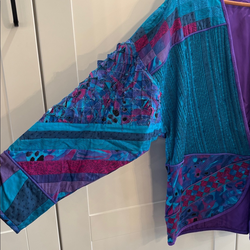 Boho Patchwork Open-Front Women's Sweater Jacket in Teal & Purple - Picture 2 of 9